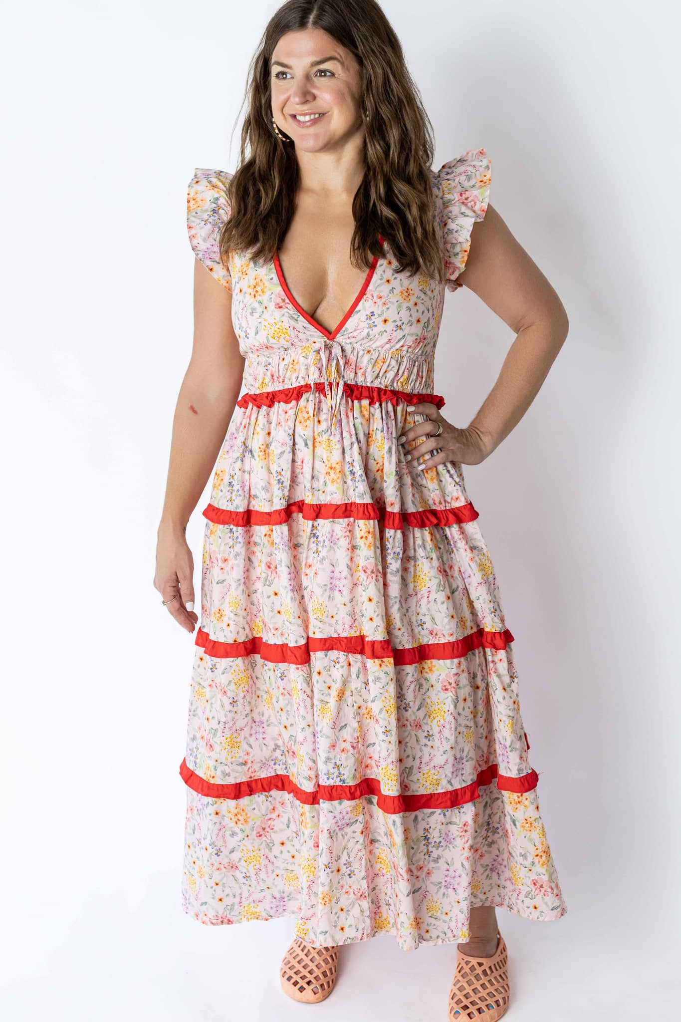 Weaving Color floral summer maxi dress with ruffled sleeves and red trim detail