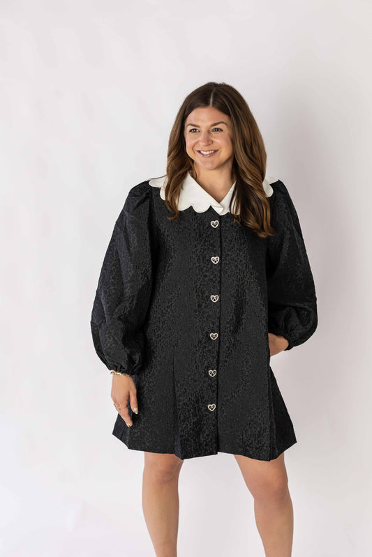 Weaving Color black mini dress with collar featuring puff sleeves and heart-shaped buttons