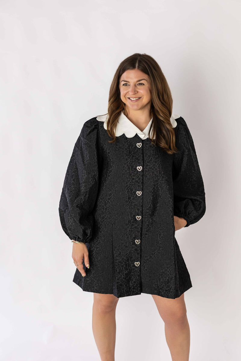 Weaving Color black mini dress with collar featuring puff sleeves and heart-shaped buttons