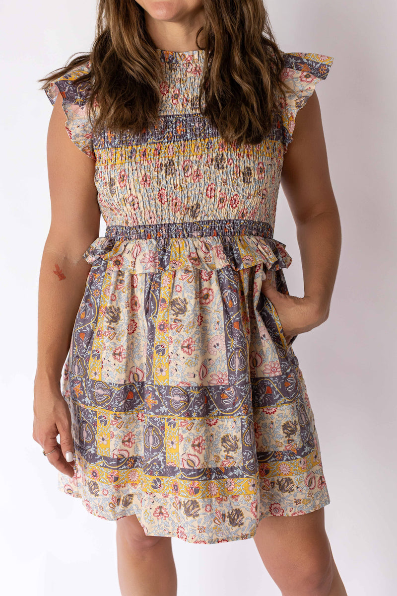 Weaving Color boho paisley dress with smocked bodice flutter sleeves and patchwork pattern