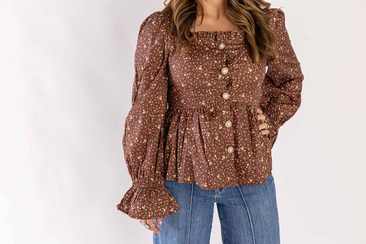 Weaving Color brown floral button up blouse with long puff sleeves and ruffled hem