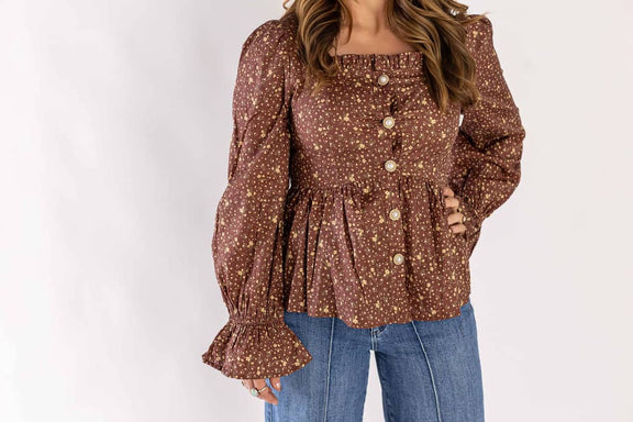 Weaving Color brown floral button up blouse with long puff sleeves and ruffled hem