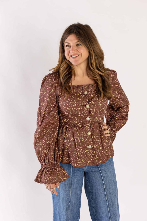 Weaving Color brown floral button up blouse with puff sleeves and pearl buttons