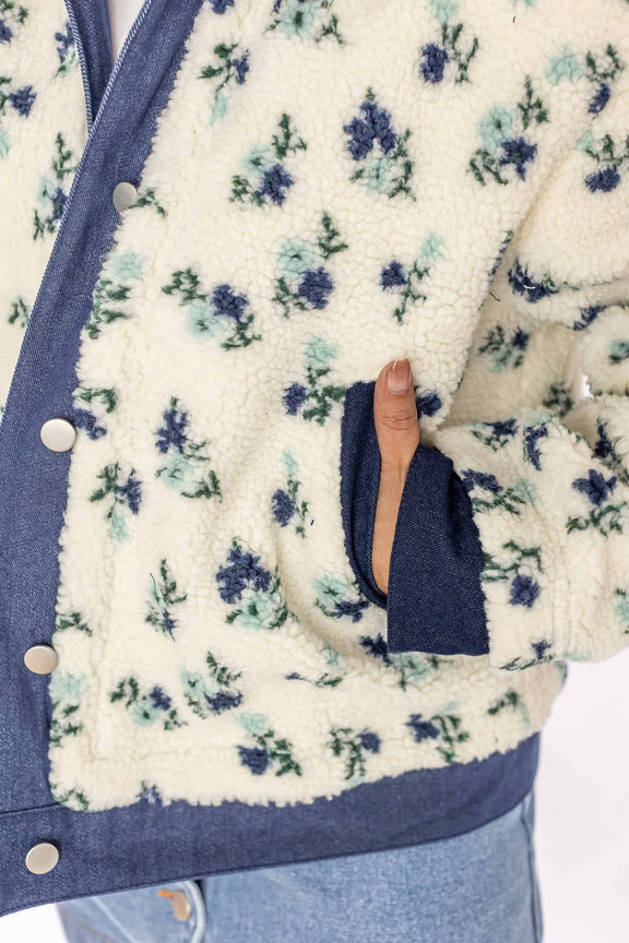 Weaving Color cropped dad sherpa trucker jacket in cream with blue floral print and navy trim detailing