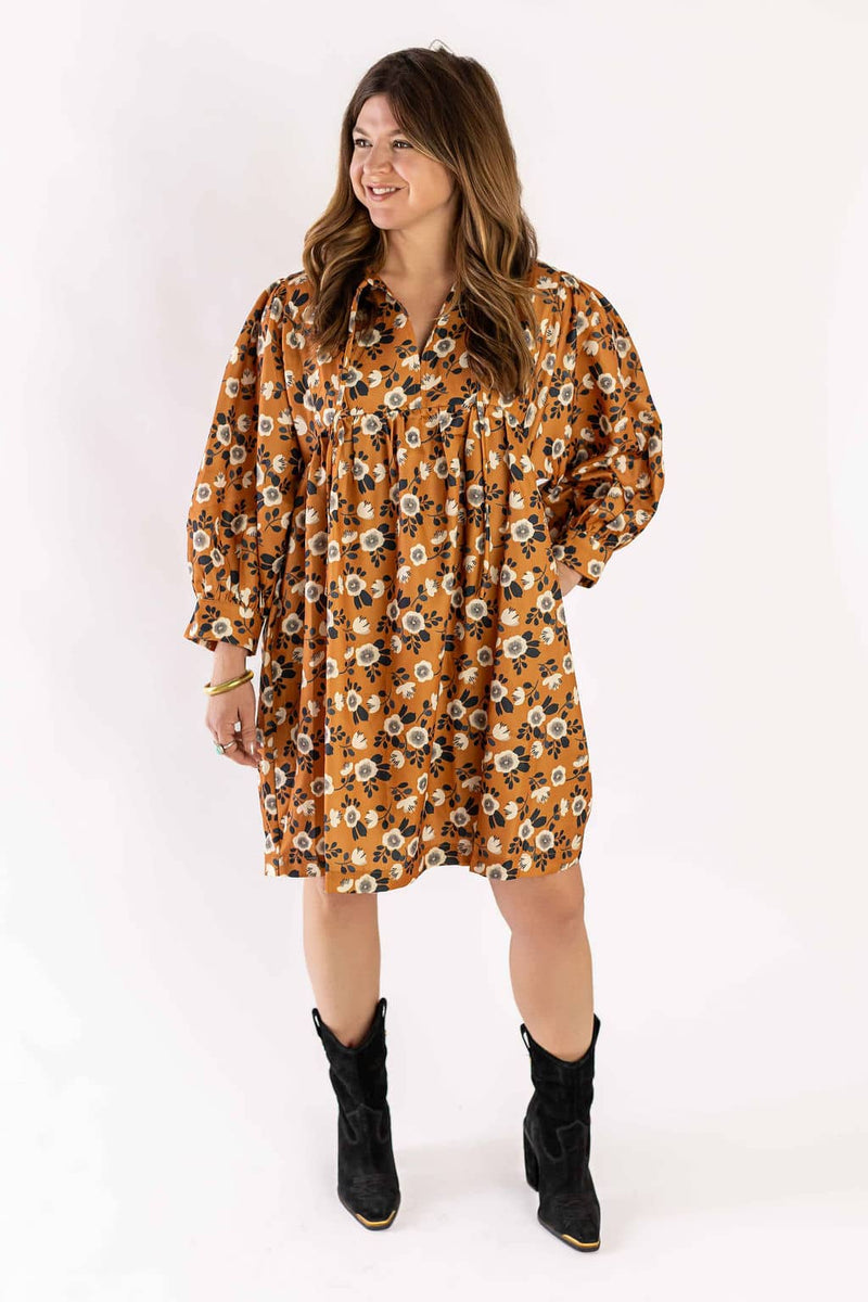 Weaving Color dress floral with long puff sleeves in orange and black boots