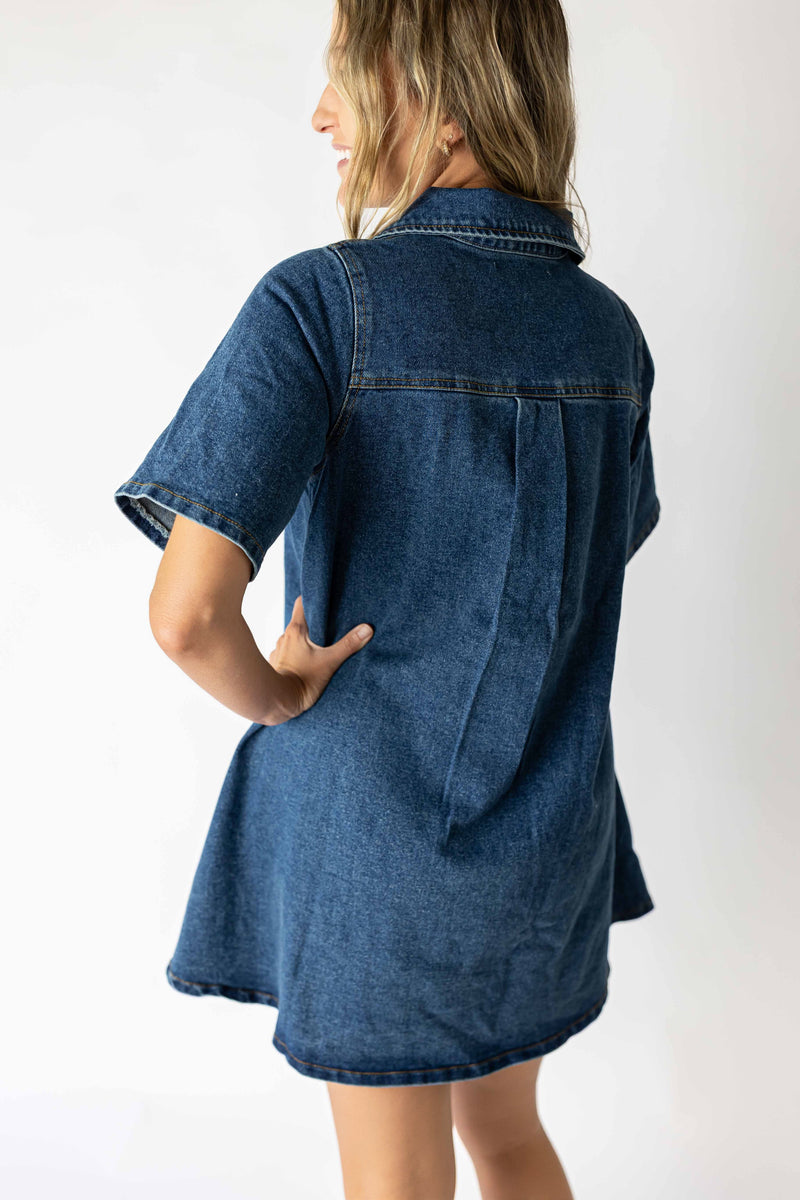 Back view of medium wash denim dress with short sleeves and collar worn by woman