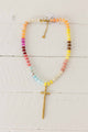Weaving Color grace necklace with multicolor beads and gold cross pendant on white background