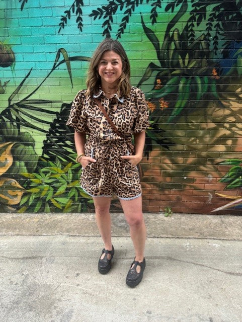 Lace Trimmed Leopard Print Button Down Romper