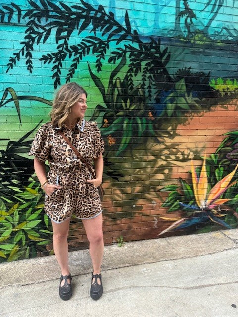 Lace Trimmed Leopard Print Button Down Romper
