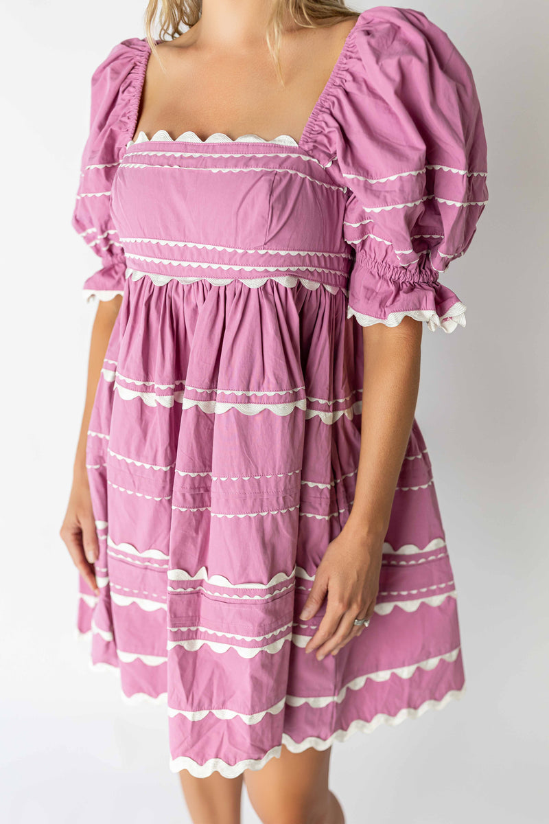 Pink puff sleeve mini dress with white scalloped trim and gathered waist from My Store