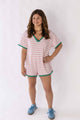 Weaving Color striped terry romper for women with pink and white stripes and green trim