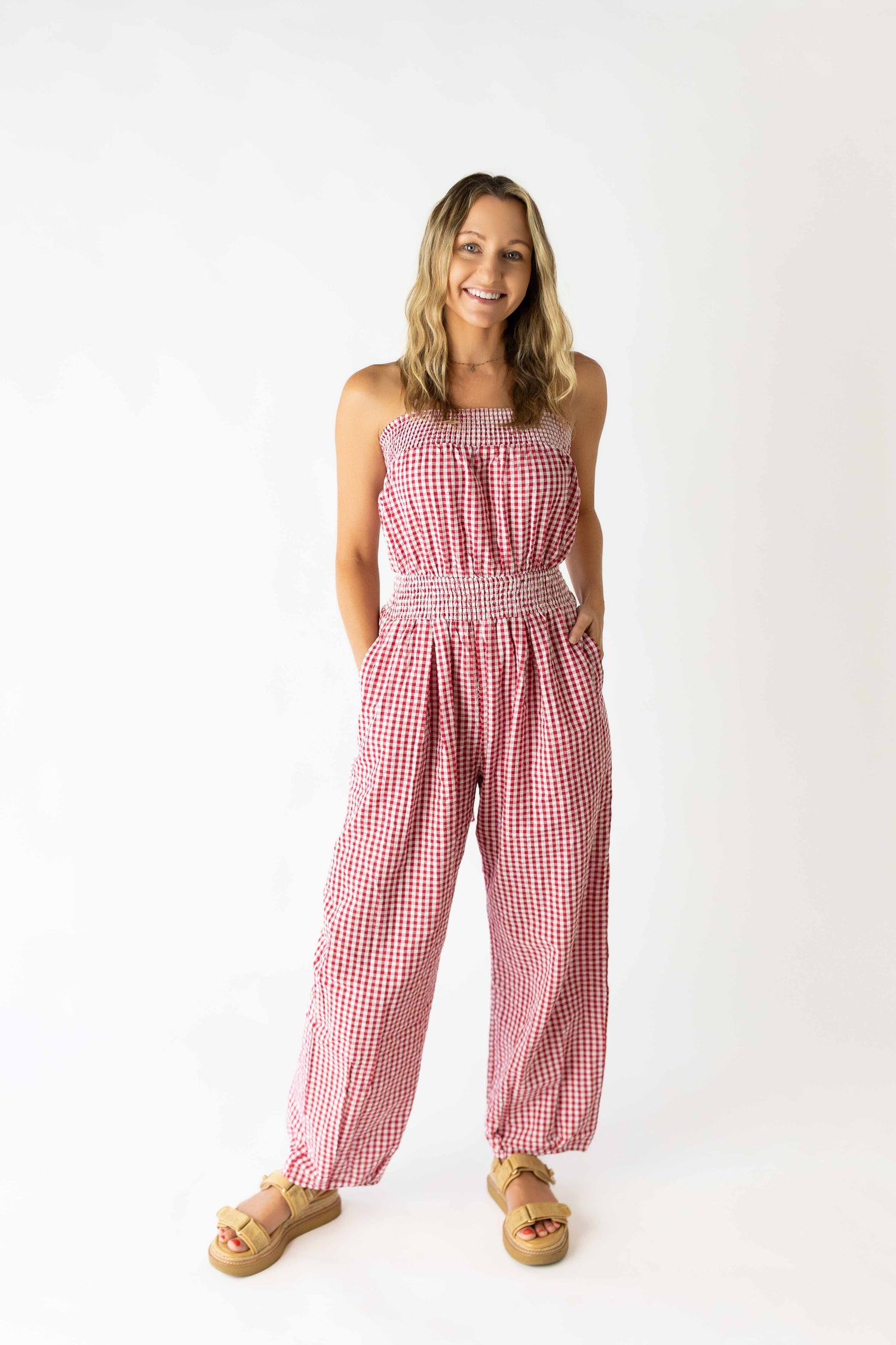 Seersucker Check Print Jumpsuit