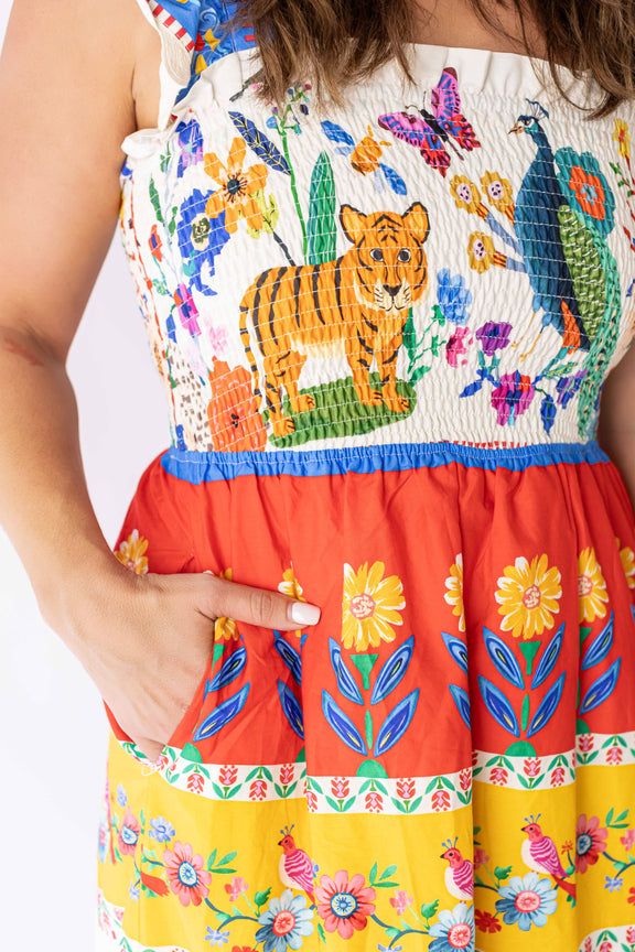 Weaving Color wild garden maxi dress with colorful floral and animal print featuring a tiger and vibrant patterns